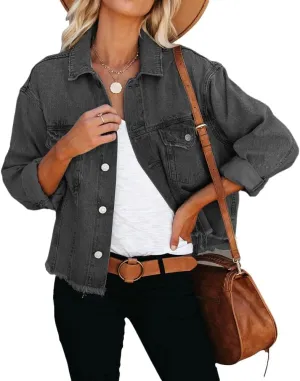 Women's Jean Denim Jacket Classic Trucker Shacket Button Up Frayed Cropped Loose Coats
