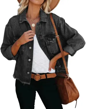 Women's Jean Denim Jacket Classic Trucker Shacket Button Up Frayed Cropped Loose Coats