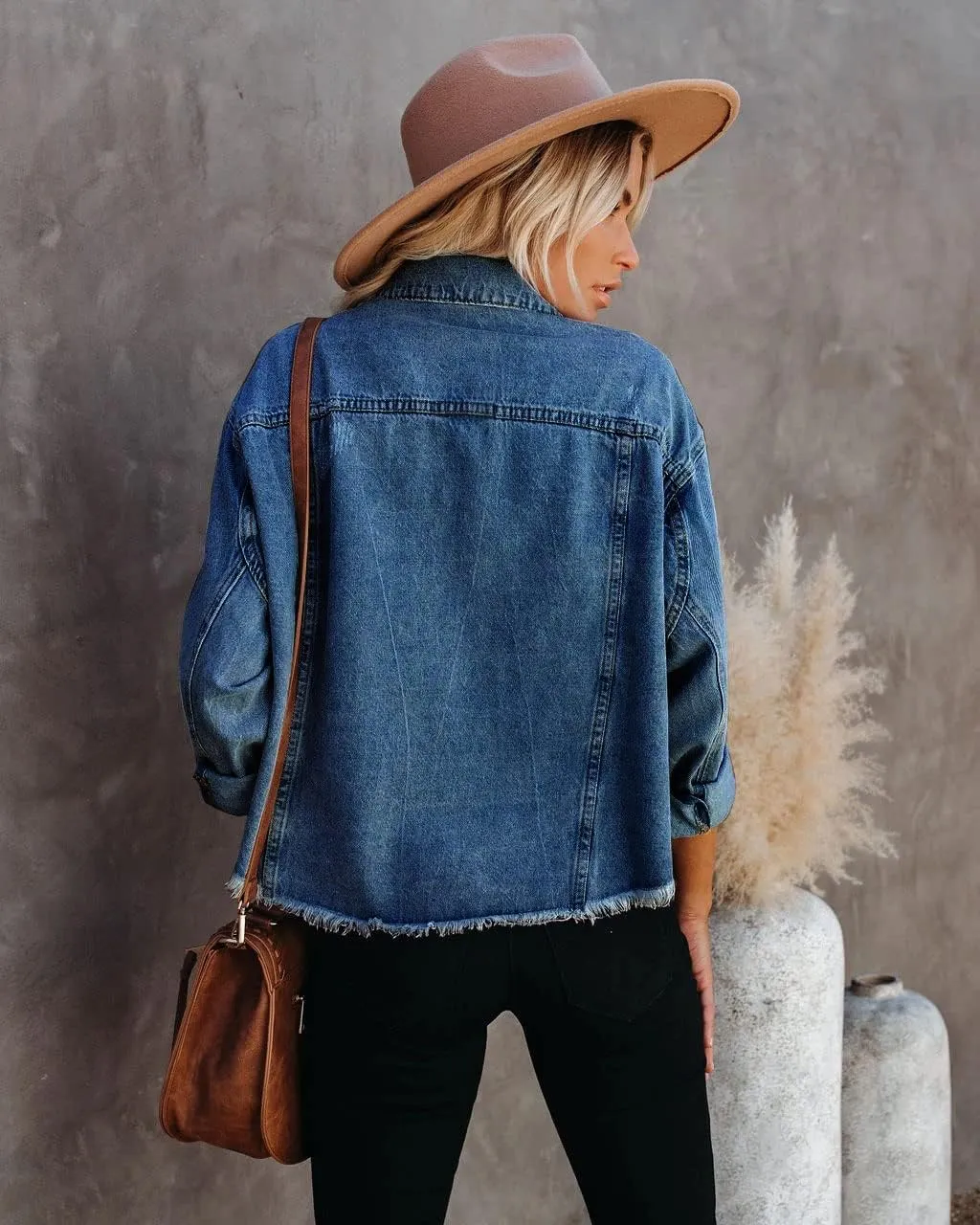 Women's Jean Denim Jacket Classic Trucker Shacket Button Up Frayed Cropped Loose Coats