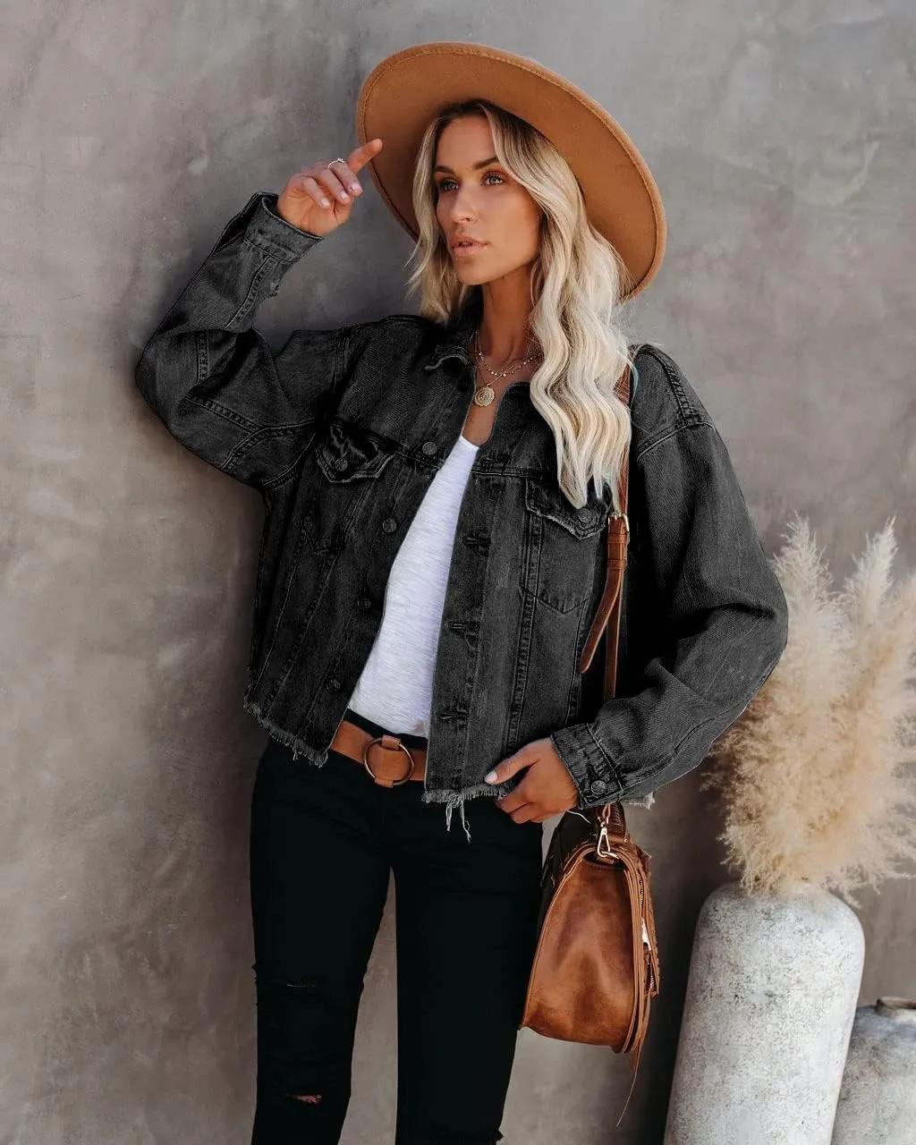 Women's Jean Denim Jacket Classic Trucker Shacket Button Up Frayed Cropped Loose Coats