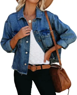 Women's Jean Denim Jacket Classic Trucker Shacket Button Up Frayed Cropped Loose Coats