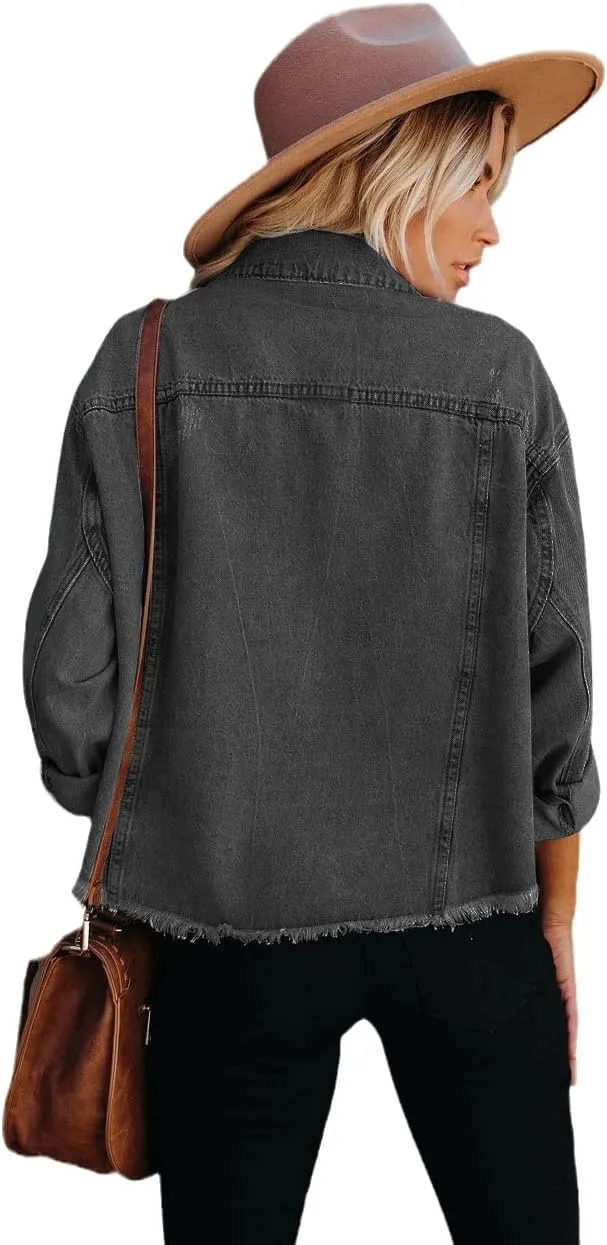 Women's Jean Denim Jacket Classic Trucker Shacket Button Up Frayed Cropped Loose Coats