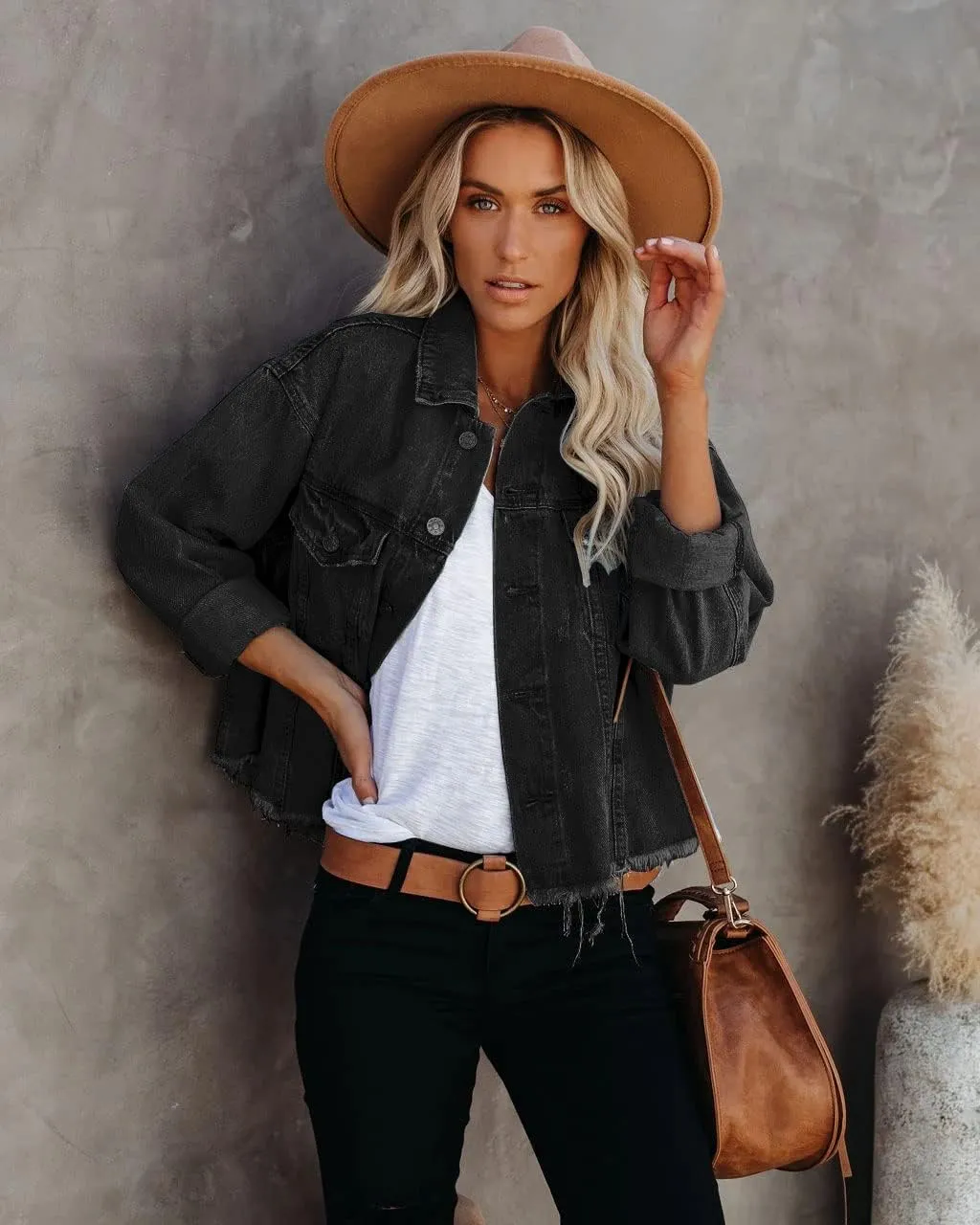 Women's Jean Denim Jacket Classic Trucker Shacket Button Up Frayed Cropped Loose Coats