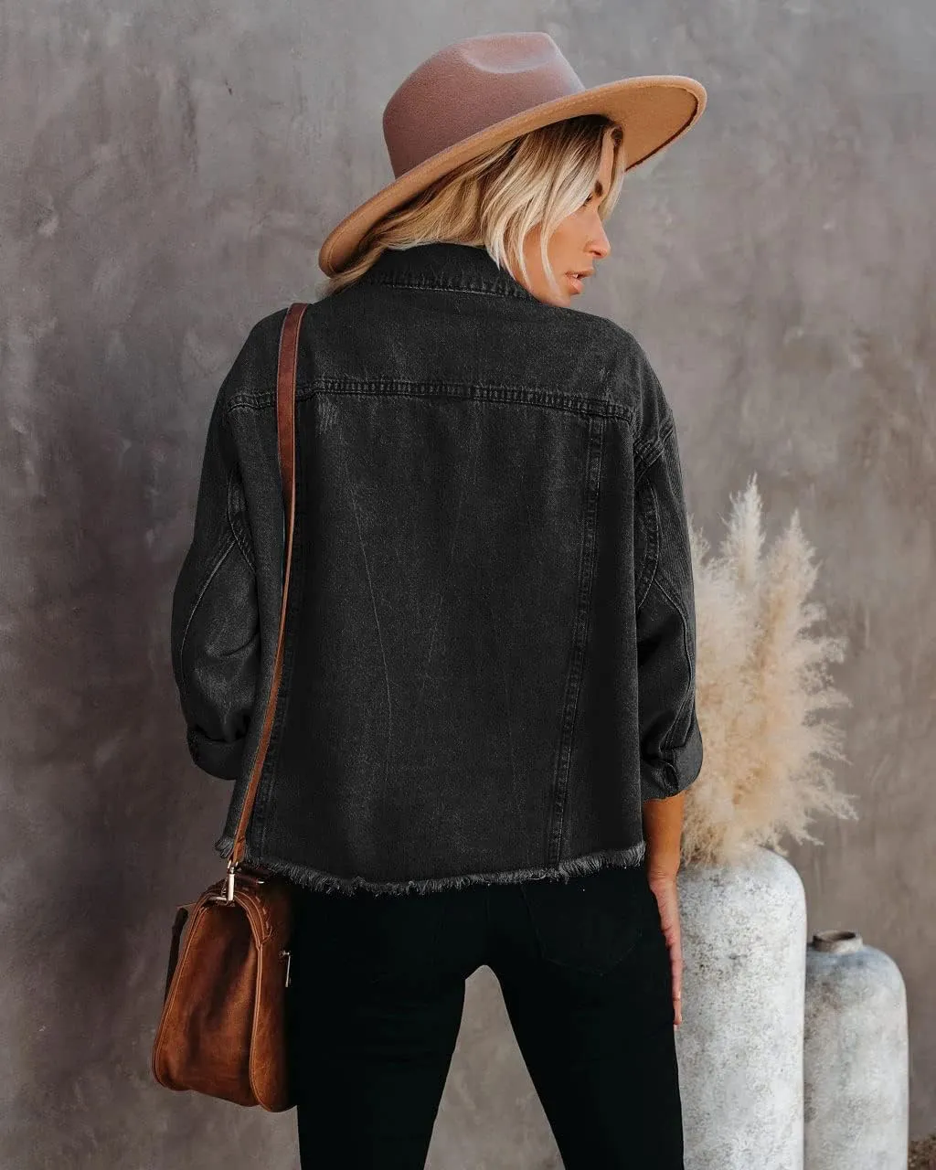 Women's Jean Denim Jacket Classic Trucker Shacket Button Up Frayed Cropped Loose Coats