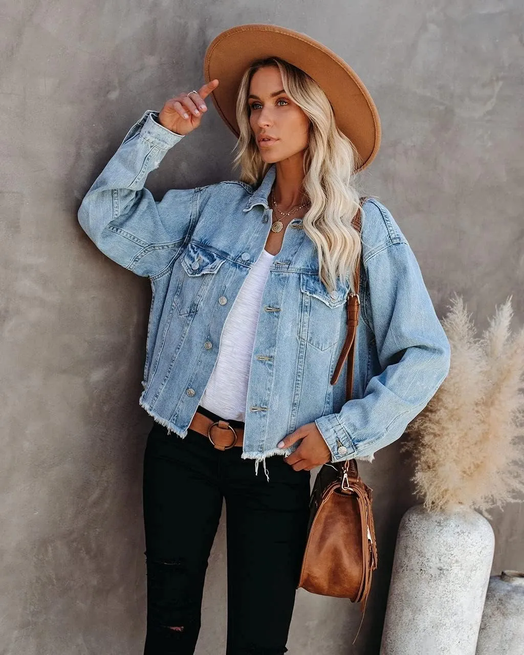 Women's Jean Denim Jacket Classic Trucker Shacket Button Up Frayed Cropped Loose Coats