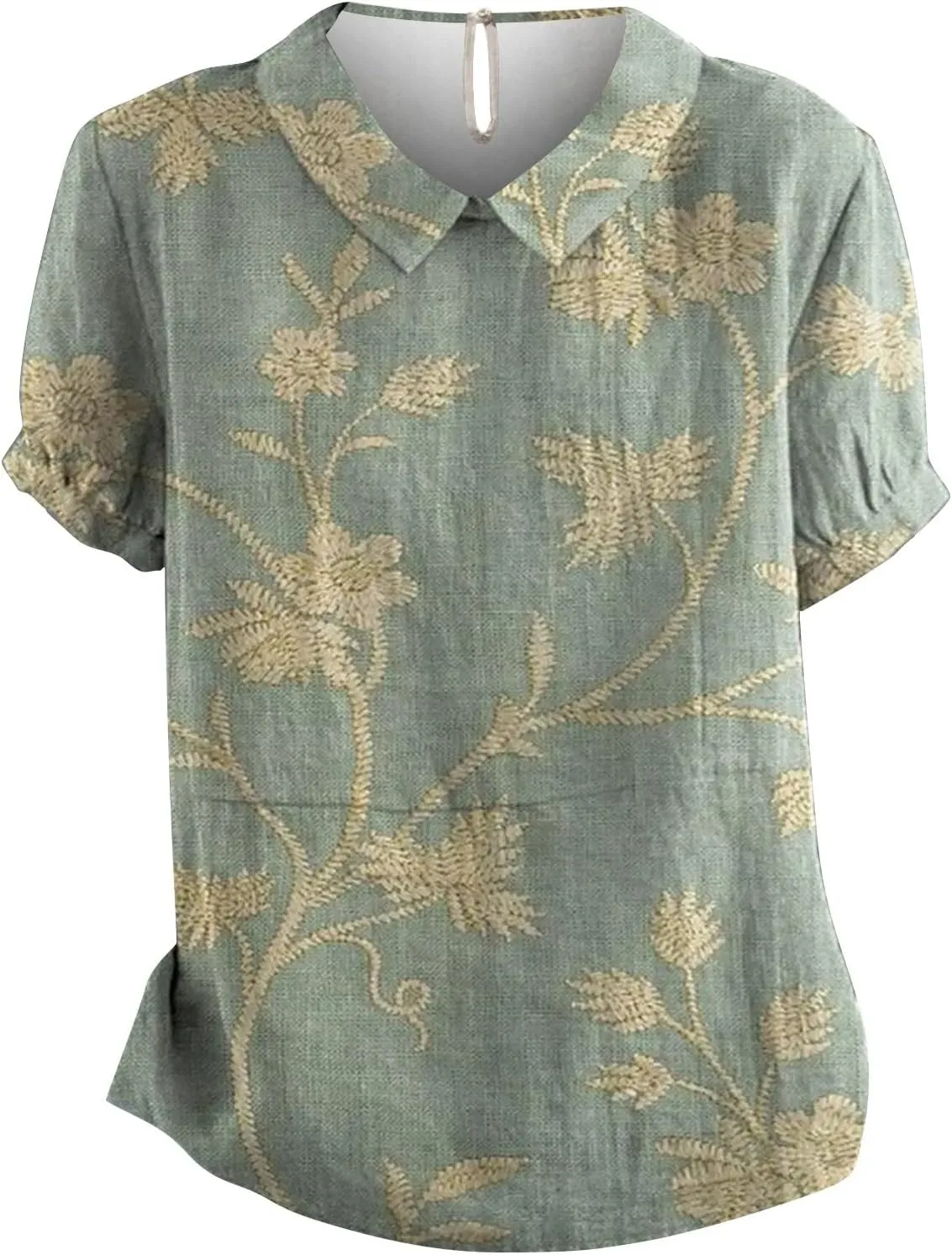 Women's Linen Lapel Art Floral Round Neck Button Loose Pullover Top Casual Shirt T Shirt Women Plain Tee
