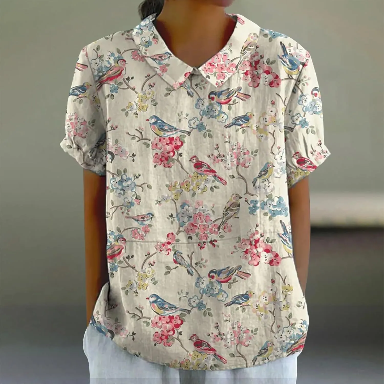 Women's Linen Lapel Art Floral Round Neck Button Loose Pullover Top Casual Shirt T Shirt Women Plain Tee