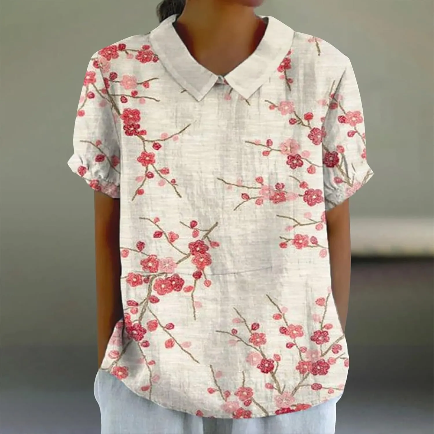 Women's Linen Lapel Art Floral Round Neck Button Loose Pullover Top Casual Shirt T Shirt Women Plain Tee