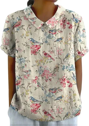 Women's Linen Lapel Art Floral Round Neck Button Loose Pullover Top Casual Shirt T Shirt Women Plain Tee
