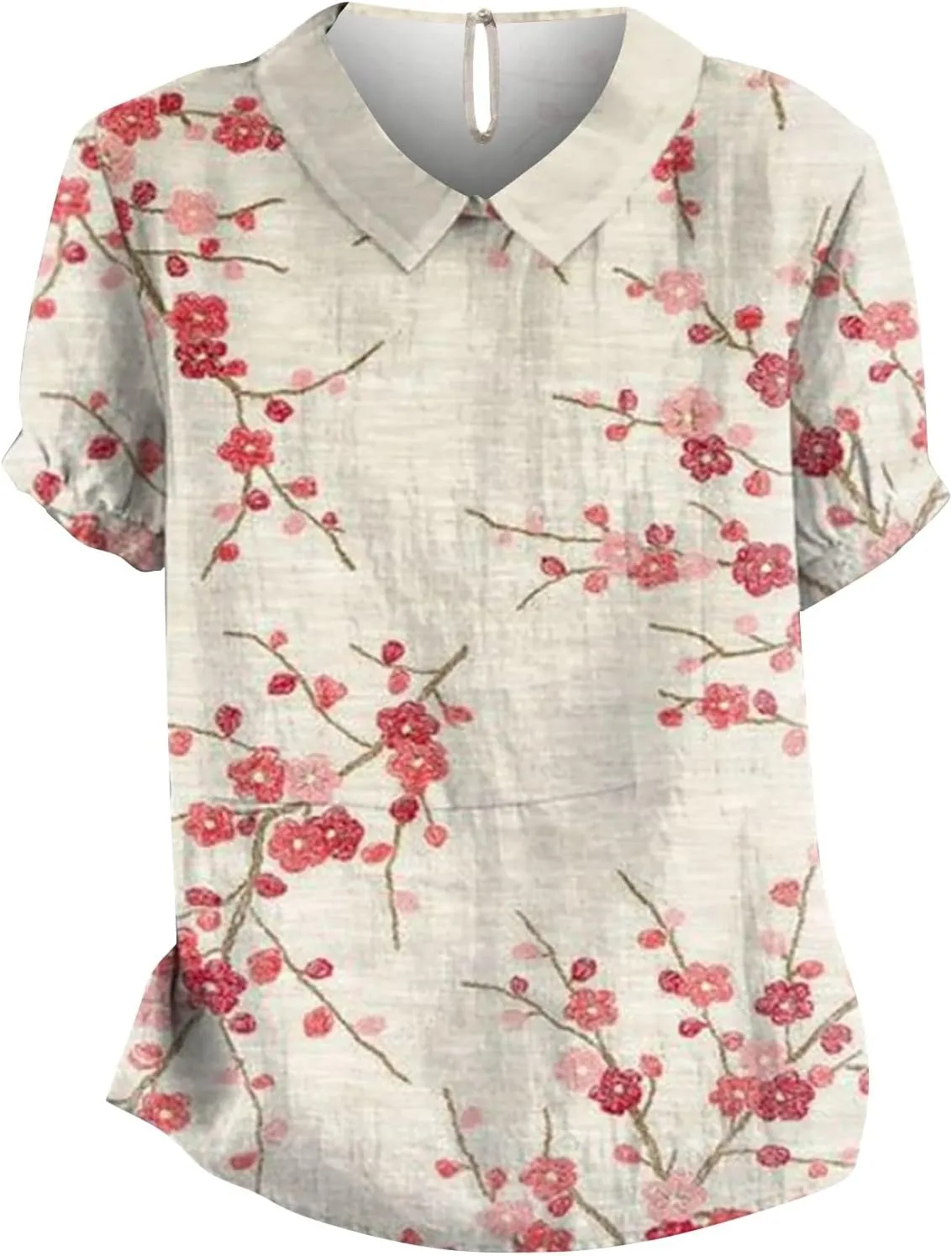 Women's Linen Lapel Art Floral Round Neck Button Loose Pullover Top Casual Shirt T Shirt Women Plain Tee
