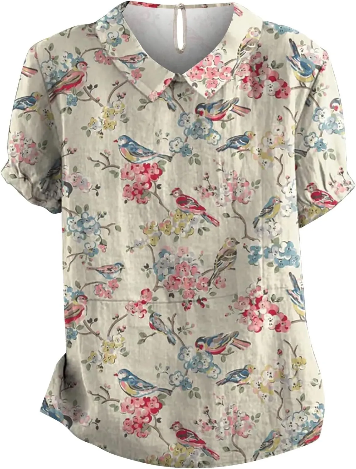 Women's Linen Lapel Art Floral Round Neck Button Loose Pullover Top Casual Shirt T Shirt Women Plain Tee