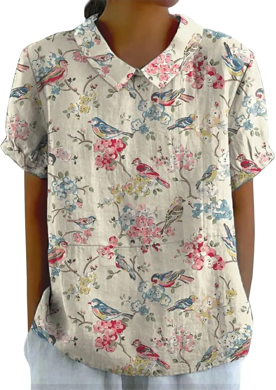 Women's Linen Lapel Art Floral Round Neck Button Loose Pullover Top Casual Shirt T Shirt Women Plain Tee