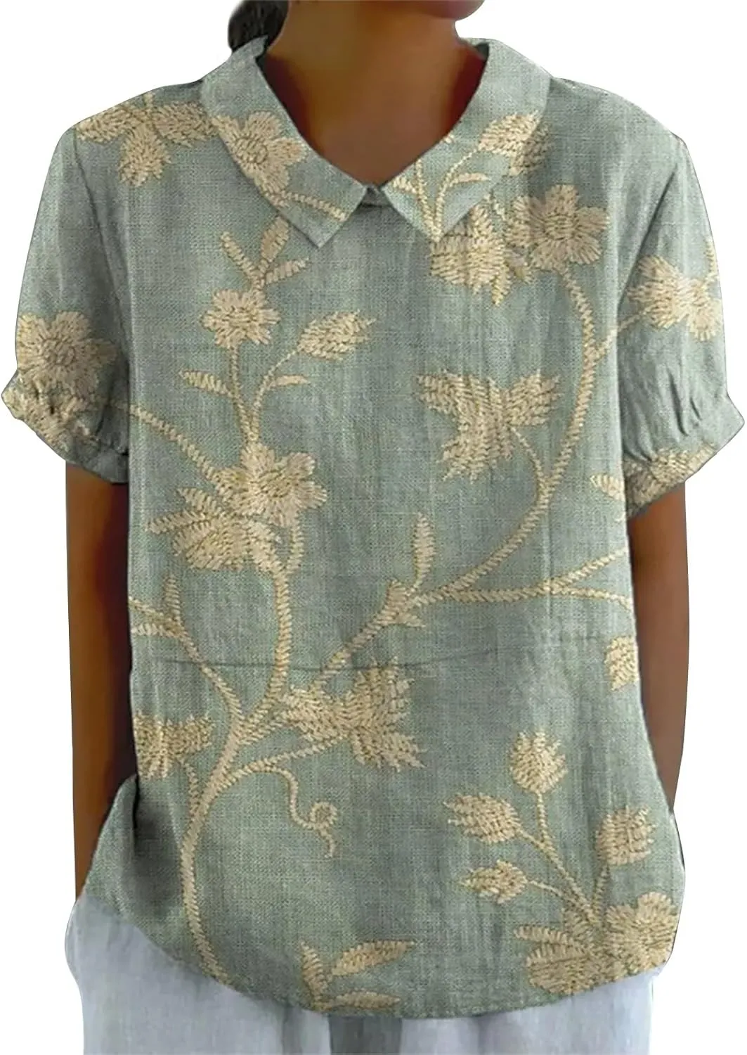 Women's Linen Lapel Art Floral Round Neck Button Loose Pullover Top Casual Shirt T Shirt Women Plain Tee