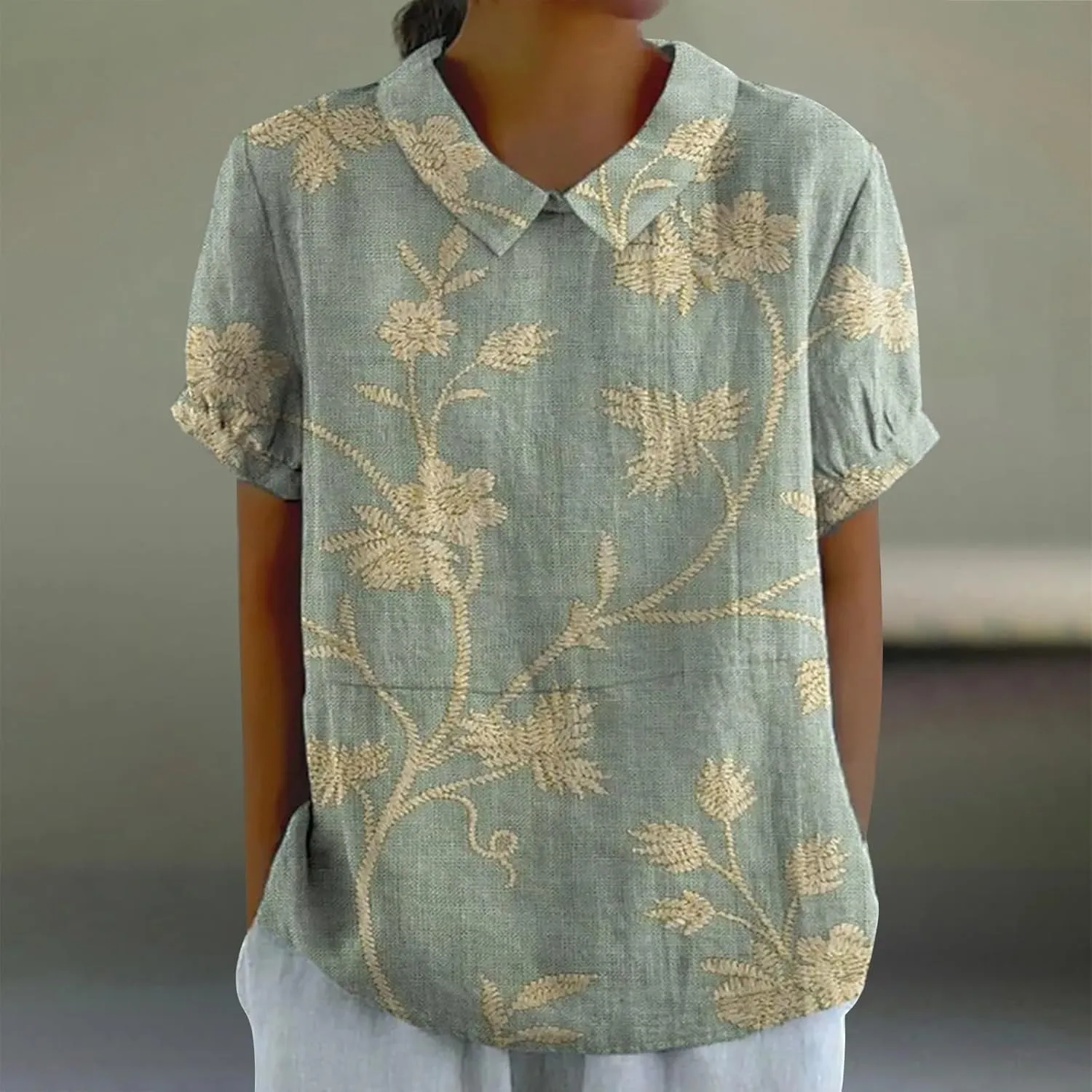 Women's Linen Lapel Art Floral Round Neck Button Loose Pullover Top Casual Shirt T Shirt Women Plain Tee