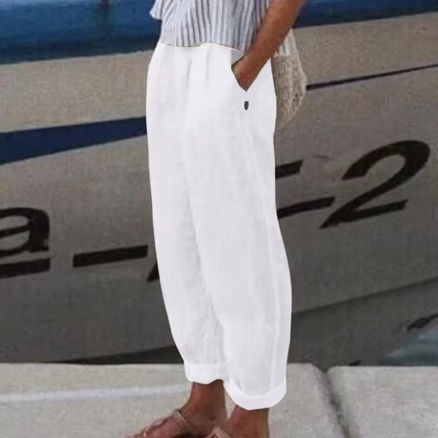 Womens Linen Pants Casual High Waist Straight Leg Pants Summer Comfy Cropped Pant Loose Fit Trousers with Pockets