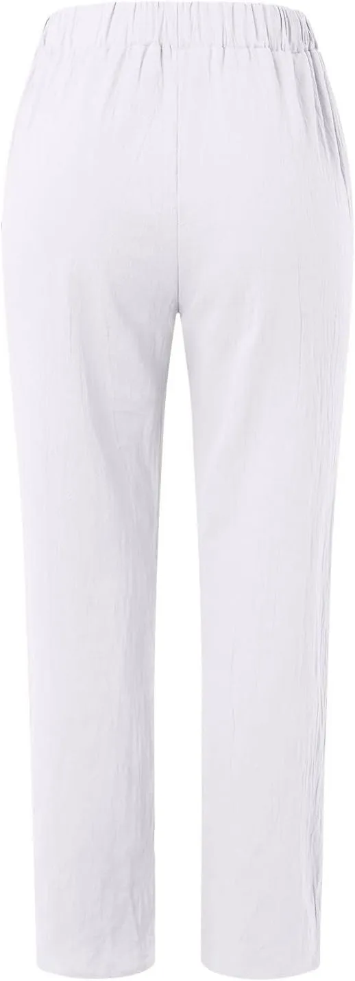 Womens Linen Pants Casual High Waist Straight Leg Pants Summer Comfy Cropped Pant Loose Fit Trousers with Pockets