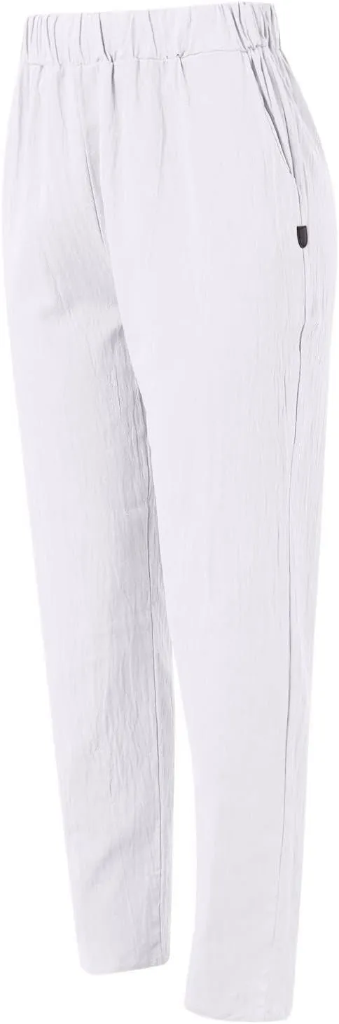 Womens Linen Pants Casual High Waist Straight Leg Pants Summer Comfy Cropped Pant Loose Fit Trousers with Pockets