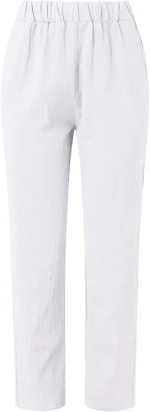 Womens Linen Pants Casual High Waist Straight Leg Pants Summer Comfy Cropped Pant Loose Fit Trousers with Pockets