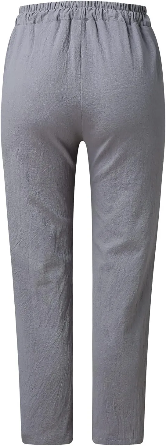 Womens Linen Pants Dressy Loose Fit High Waist Solid Wide Leg Work Palazzo Pant Trousers with Pockets