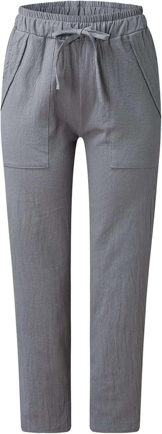 Womens Linen Pants Dressy Loose Fit High Waist Solid Wide Leg Work Palazzo Pant Trousers with Pockets