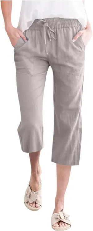 Womens Linen Pants Dressy Loose Fit High Waist Solid Wide Leg Work Palazzo Pant Trousers with Pockets