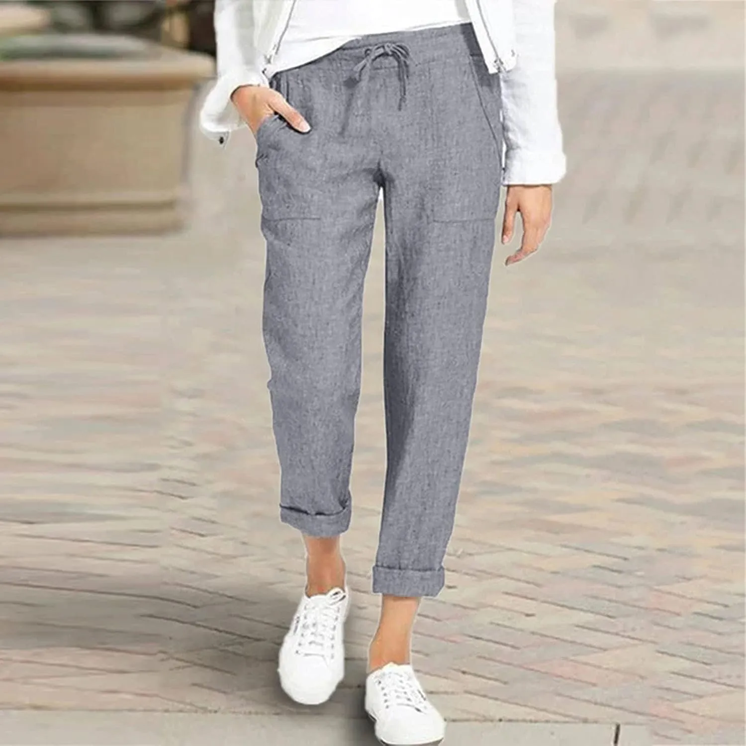 Womens Linen Pants Dressy Loose Fit High Waist Solid Wide Leg Work Palazzo Pant Trousers with Pockets