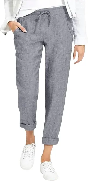 Womens Linen Pants Dressy Loose Fit High Waist Solid Wide Leg Work Palazzo Pant Trousers with Pockets