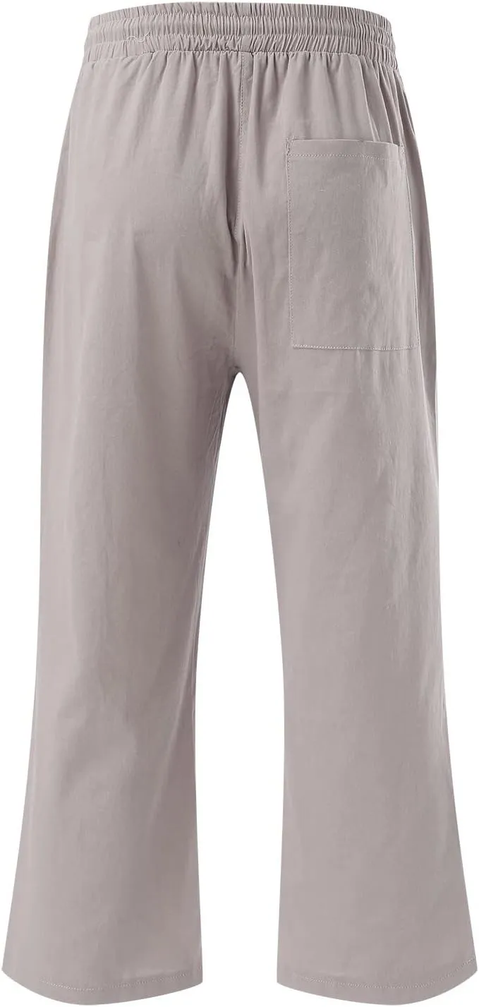 Womens Linen Pants Dressy Loose Fit High Waist Solid Wide Leg Work Palazzo Pant Trousers with Pockets