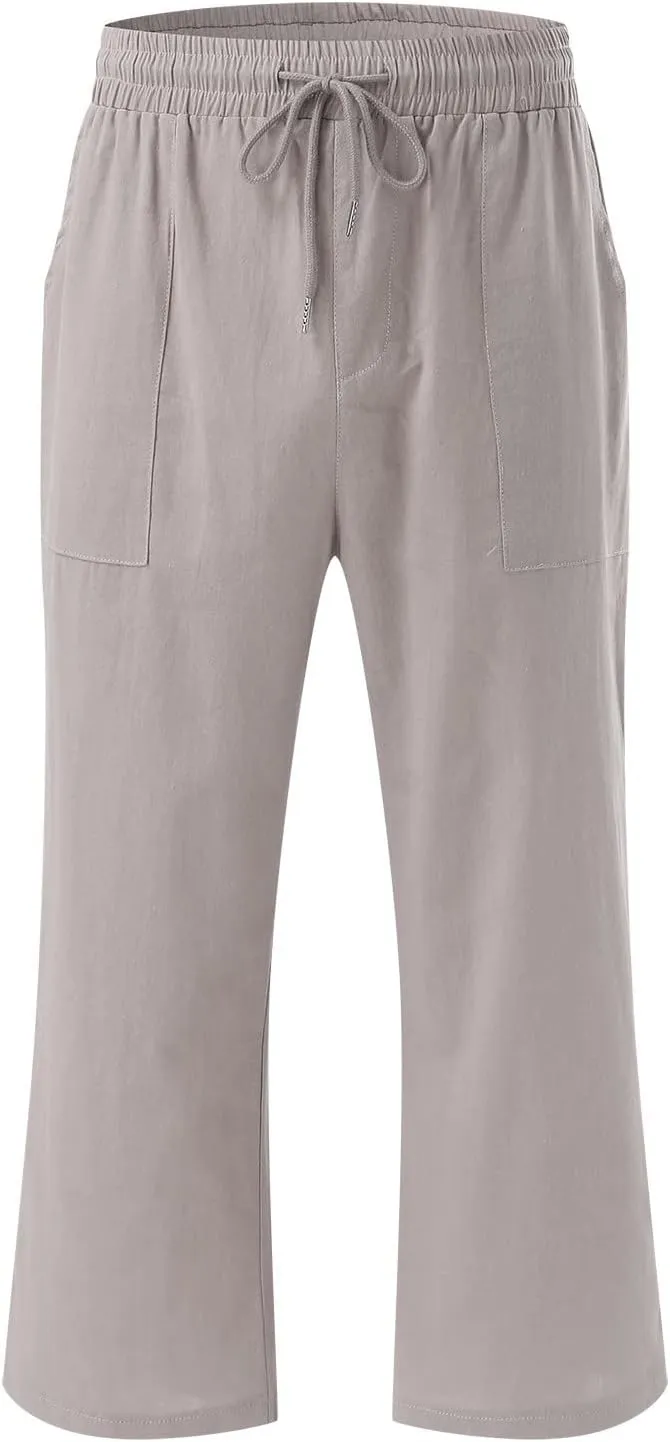 Womens Linen Pants Dressy Loose Fit High Waist Solid Wide Leg Work Palazzo Pant Trousers with Pockets