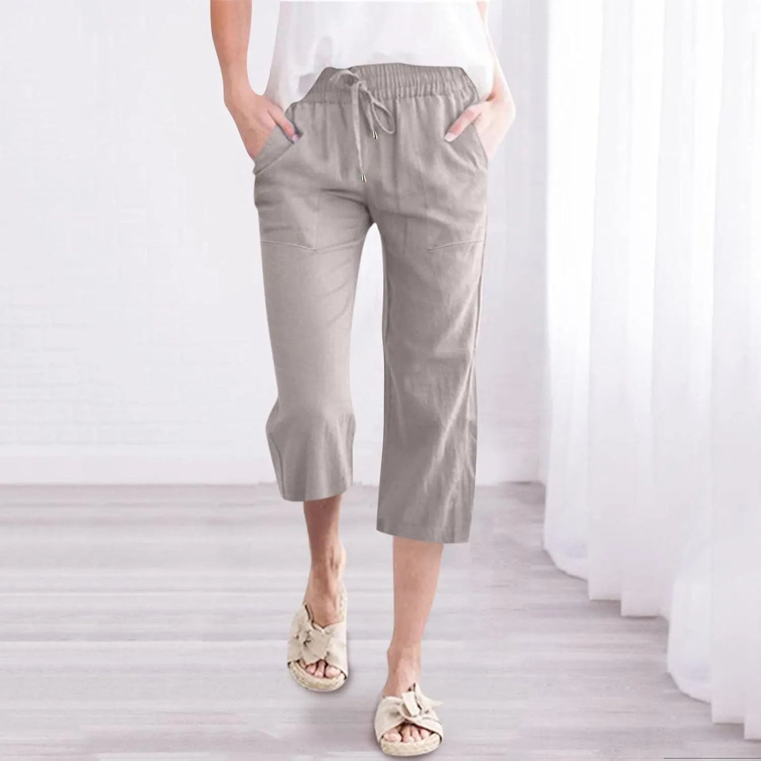 Womens Linen Pants Dressy Loose Fit High Waist Solid Wide Leg Work Palazzo Pant Trousers with Pockets