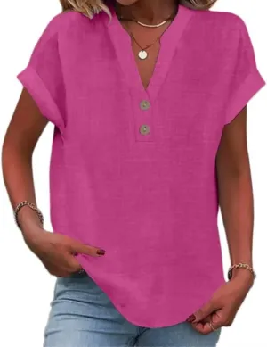 Womens Linen Shirt Plus Size Summer Tops Casual Lightweight V Neck Tees Short Sleeve Boho Blouse Solid Color