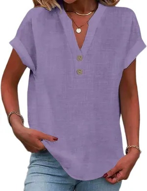 Womens Linen Shirt Plus Size Summer Tops Casual Lightweight V Neck Tees Short Sleeve Boho Blouse Solid Color