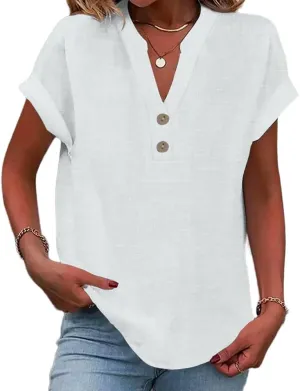 Womens Linen Shirt Plus Size Summer Tops Casual Lightweight V Neck Tees Short Sleeve Boho Blouse Solid Color