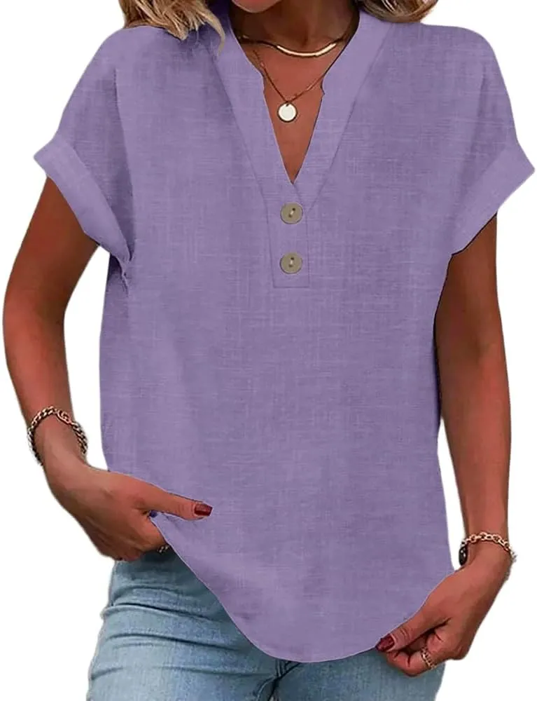 Womens Linen Shirt Plus Size Summer Tops Casual Lightweight V Neck Tees Short Sleeve Boho Blouse Solid Color