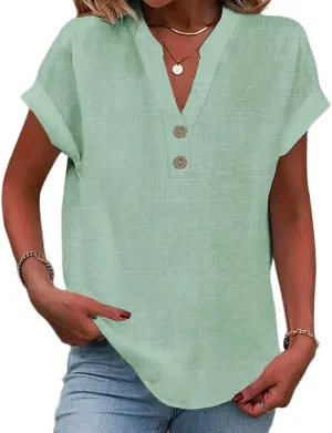 Womens Linen Shirt Plus Size Summer Tops Casual Lightweight V Neck Tees Short Sleeve Boho Blouse Solid Color