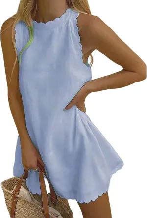 Womens Linen Sleeveless Tank Dress Crewneck Scallop Summer Short Dress Loose Casual Solid Color Flowy Beach Sundress