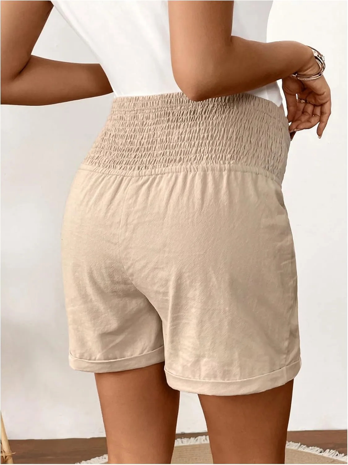 Women's Maternity Shorts Drawstring Shirred Wide Leg Summer Pregnancy Shorts