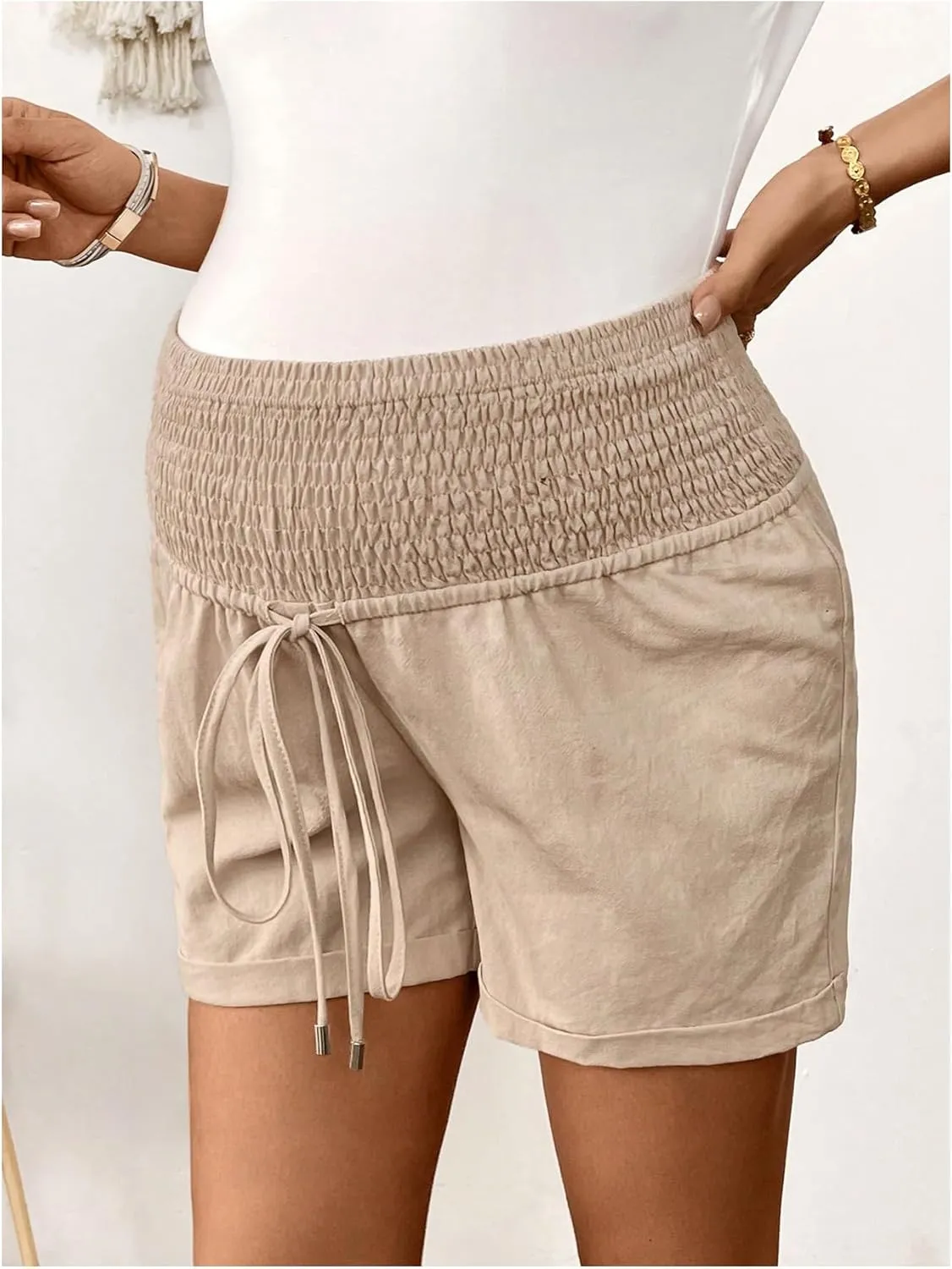 Women's Maternity Shorts Drawstring Shirred Wide Leg Summer Pregnancy Shorts