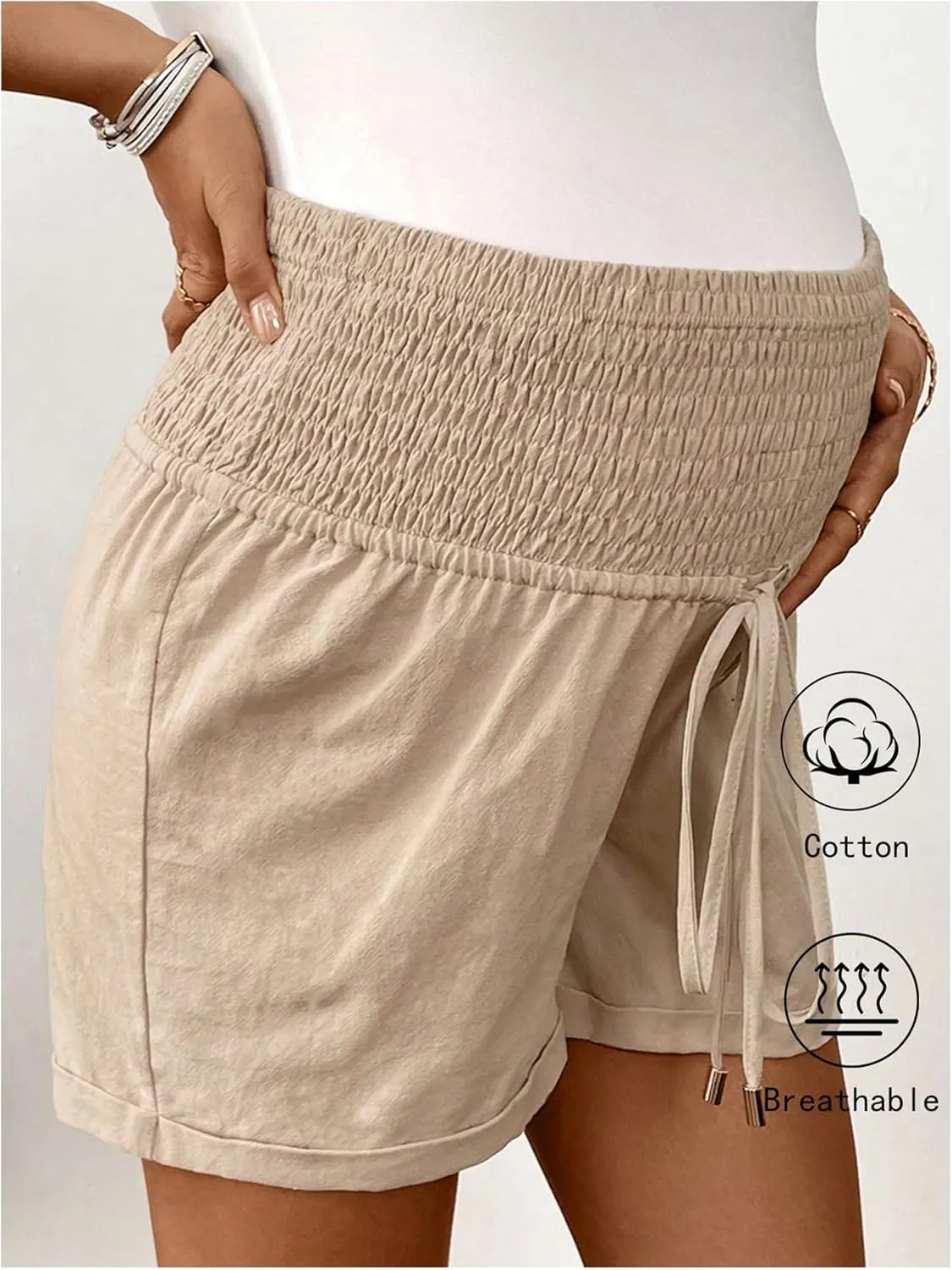 Women's Maternity Shorts Drawstring Shirred Wide Leg Summer Pregnancy Shorts