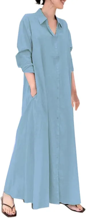 Women's Maxi Dresses Summer Long Sleeeve Button Down Formal Dress Plus Size Loose Casual Long Shirt Dress with Pocket