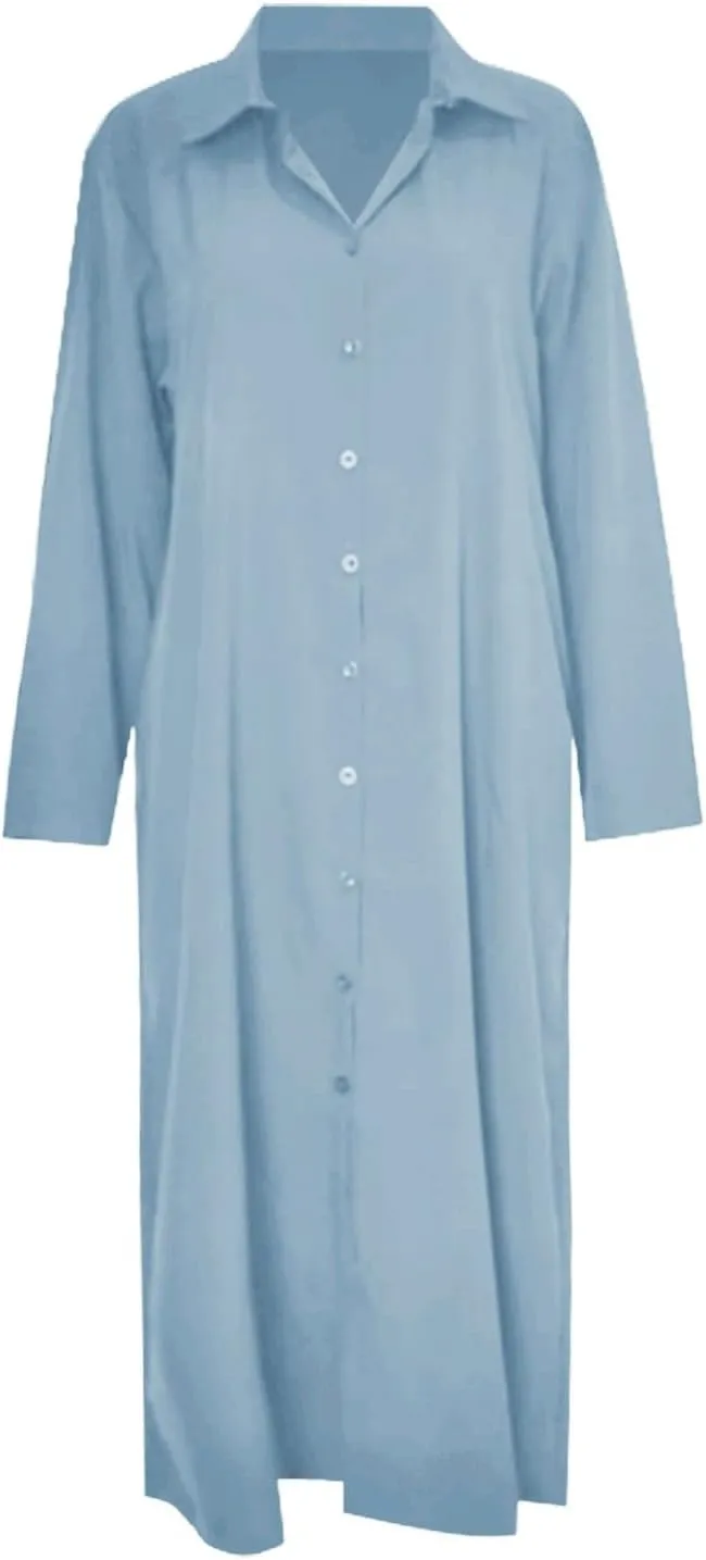 Women's Maxi Dresses Summer Long Sleeeve Button Down Formal Dress Plus Size Loose Casual Long Shirt Dress with Pocket