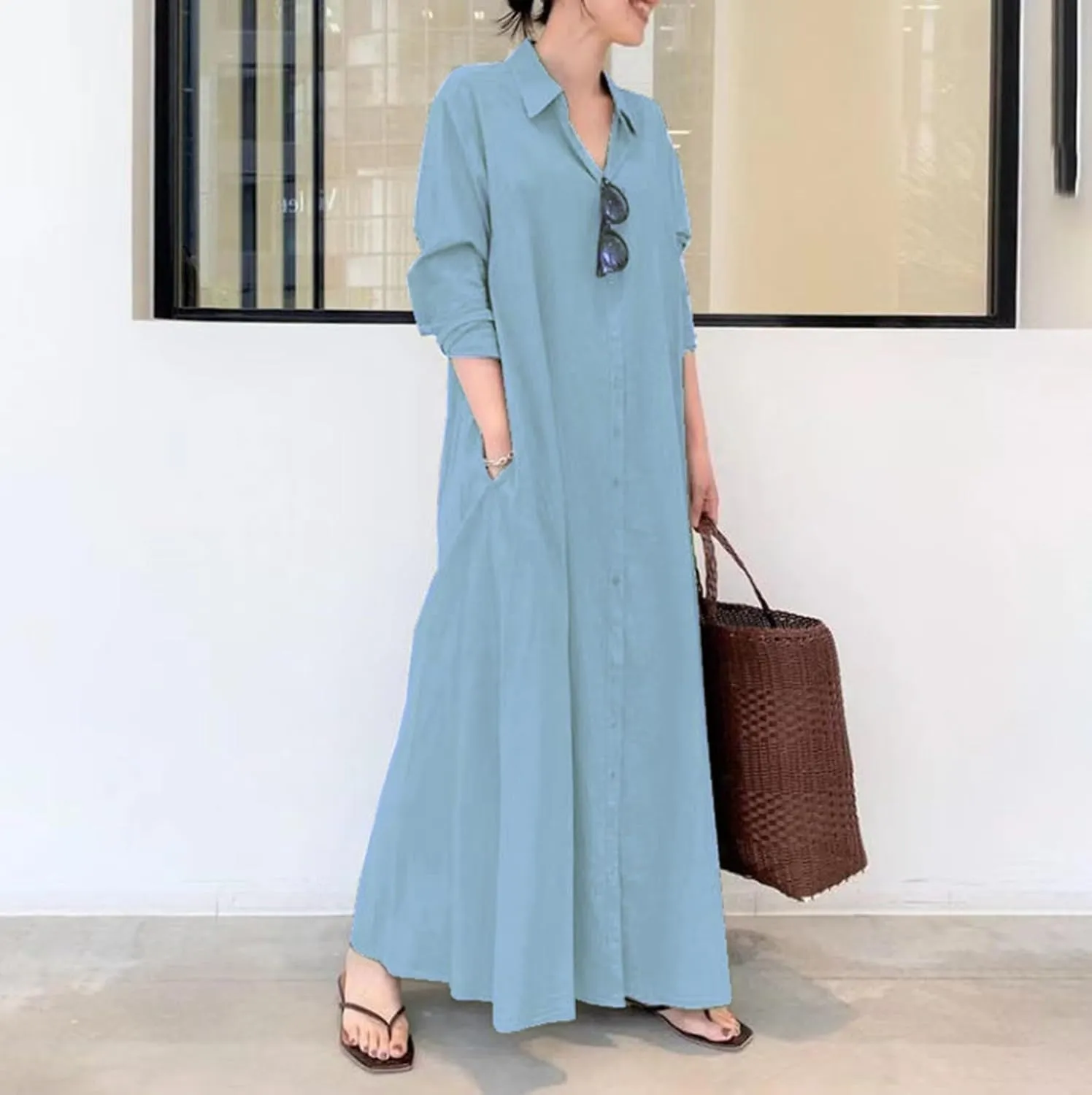 Women's Maxi Dresses Summer Long Sleeeve Button Down Formal Dress Plus Size Loose Casual Long Shirt Dress with Pocket