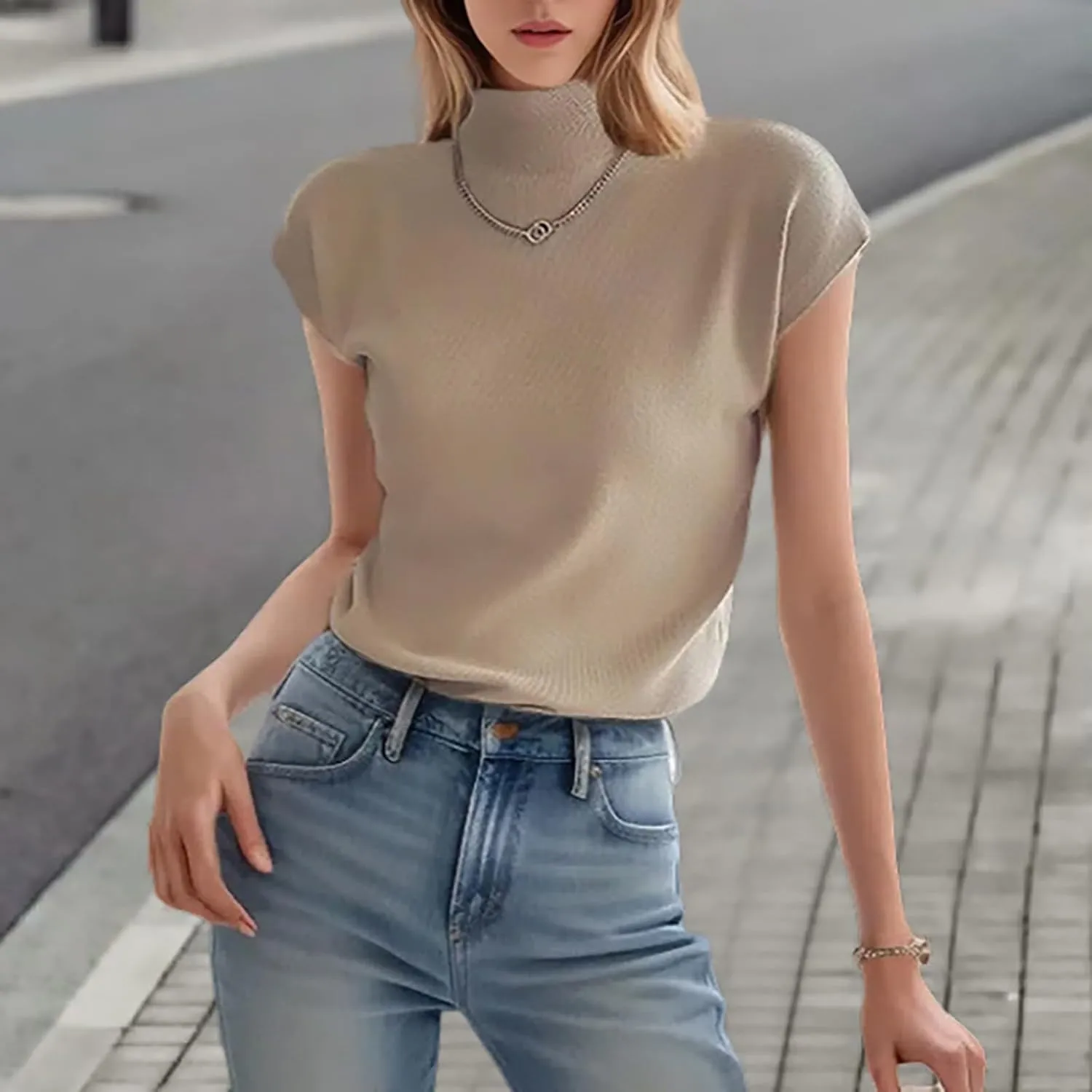 Women's Mock Turtleneck Tops Ice Silk Short Sleeve Slim Fit Summer Casual Shirts Lightweight Basic Tees Dressy Shirt for Work
