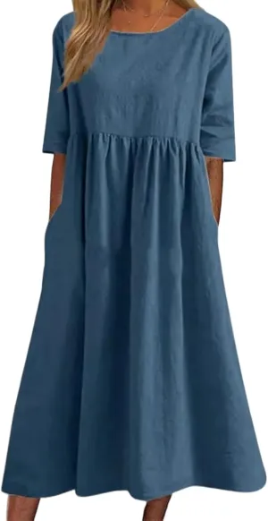 Womens Oversized Baggy Flowy Cotton Linen Maxi Dresses Summer Beach Short Sleeve Round Neck Pleated Dress Sundress