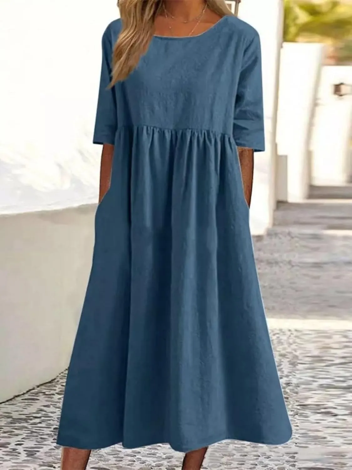 Womens Oversized Baggy Flowy Cotton Linen Maxi Dresses Summer Beach Short Sleeve Round Neck Pleated Dress Sundress