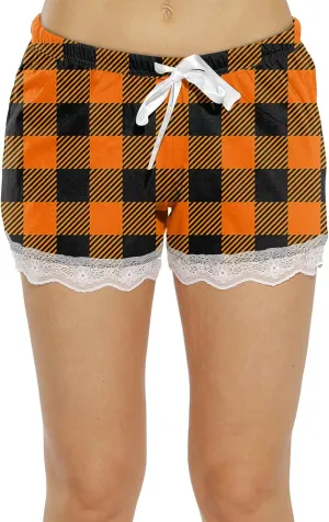 Womens Pajama Shorts Cute Plaid Summer Lace Lounge Pj Bottoms Baggy Elastic Waist Drawstring Casual Shorts for Women