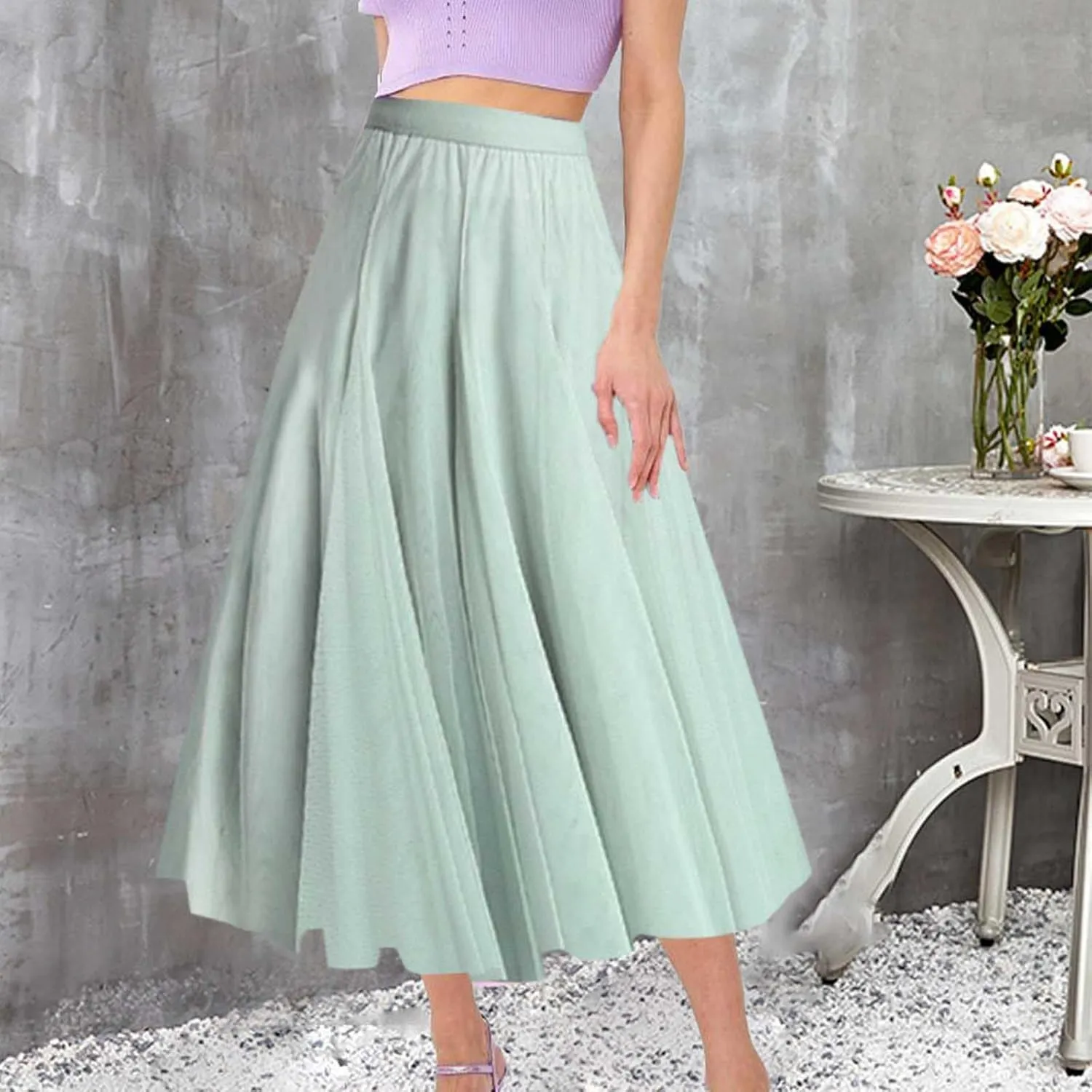 Women's Pleated Skirt Mesh Skirt Fairy Skirt Mid Length Long Skirt Dance Skirt Scrub Skirt