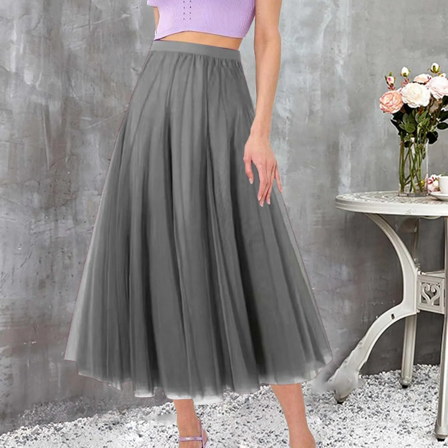 Women's Pleated Skirt Mesh Skirt Fairy Skirt Mid Length Long Skirt Dance Skirt Scrub Skirt