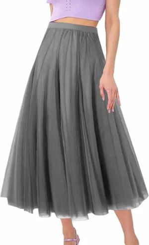 Women's Pleated Skirt Mesh Skirt Fairy Skirt Mid Length Long Skirt Dance Skirt Scrub Skirt