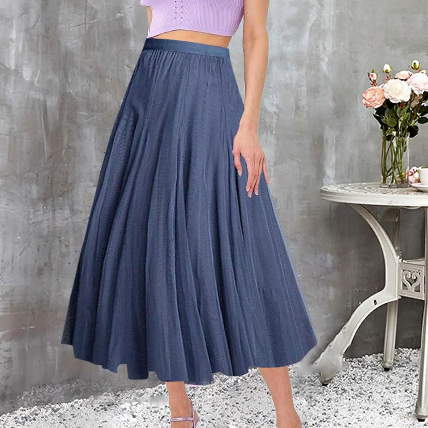 Women's Pleated Skirt Mesh Skirt Fairy Skirt Mid Length Long Skirt Dance Skirt Scrub Skirt